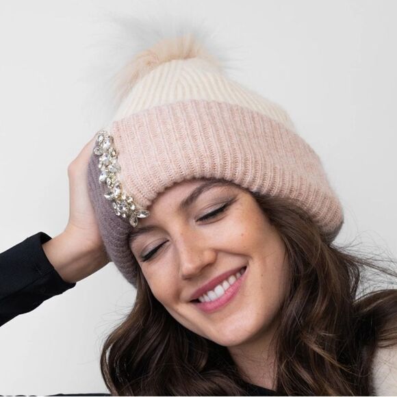 NWT Adrienne Landau Color Block Knit Beanie/Hat Crystals Beige/Pink/Mauve OS - Picture 2 of 13